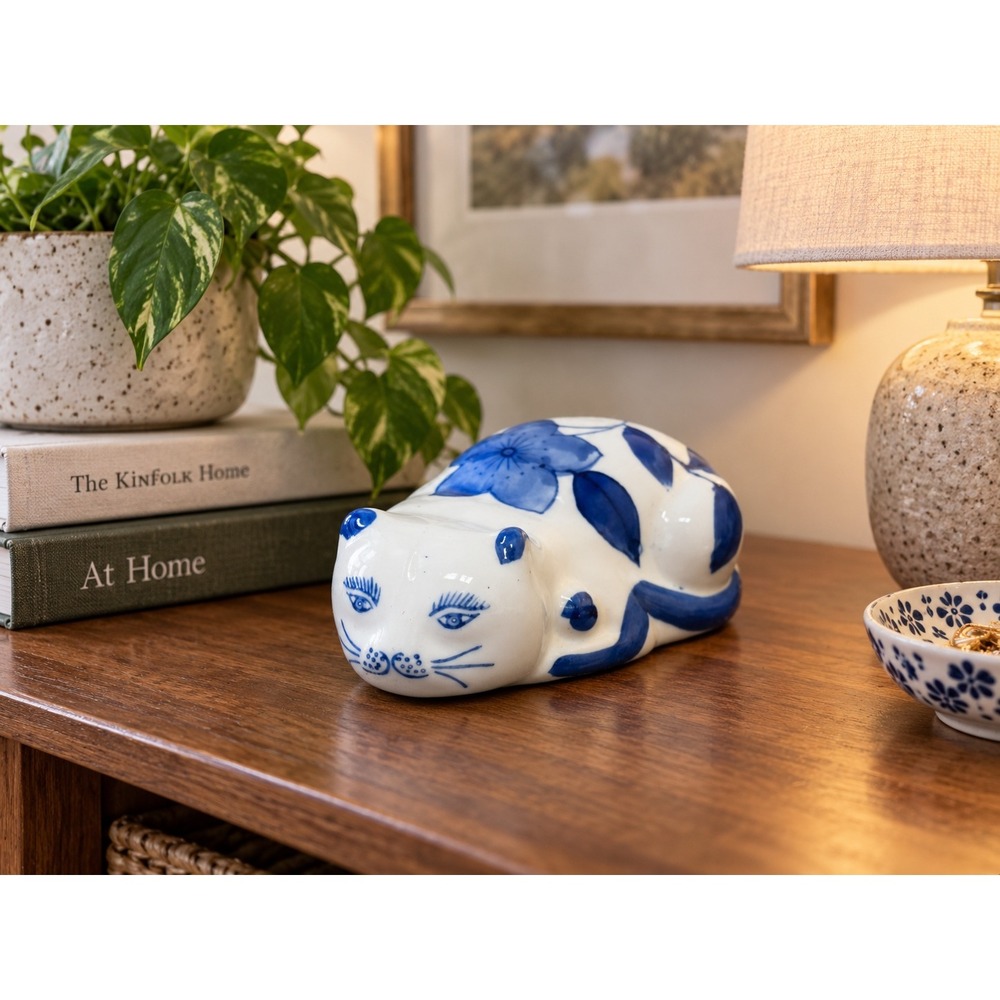 Blue White Porcelain Sleeping Cat Figurine Floral Chinoiserie 5.5" Made in China